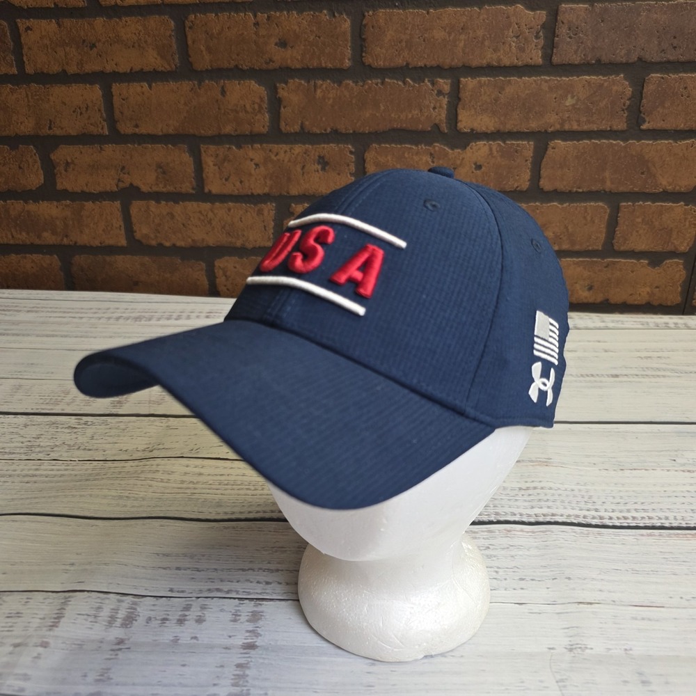 Under Armour USA Fitted‎ Hat Navy Blue Mens Medium/Large Stretch Fit Embroidered